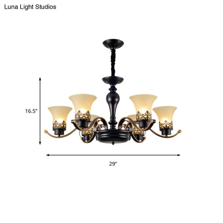 Traditional Bell Frosted Glass Chandelier Pendant Light For Living Room - Black 3/6/8 Lights