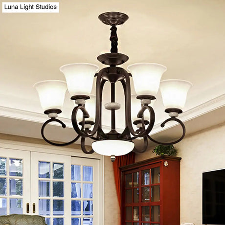 Traditional Bell Pendant Light: 3/6/8 Lights Frosted Glass Dark Coffee Finish
