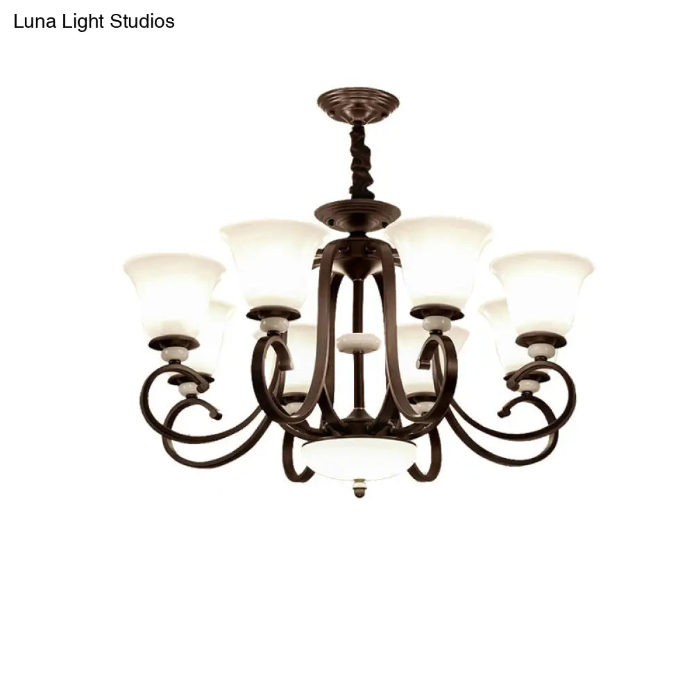 Traditional Bell Pendant Light: 3/6/8 Lights Frosted Glass Dark Coffee Finish