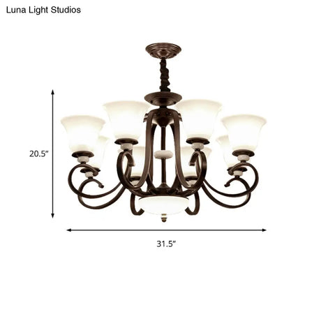 Traditional Bell Pendant Light: 3/6/8 Lights Frosted Glass Dark Coffee Finish