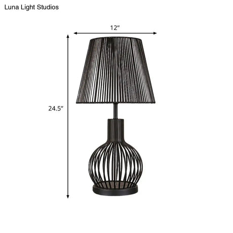 Traditional Black Bucket Table Lamp For Bedroom Nightstand - Single Head Fabric Shade With Wire Cage