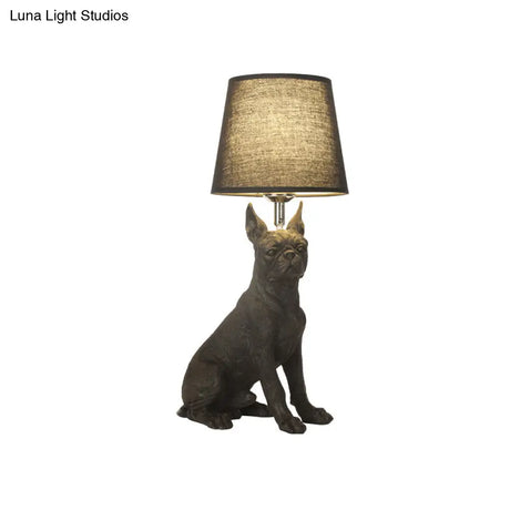 Traditional Black Drum Nightstand Lamp: Fabric Table Light With Resin Dog Base
