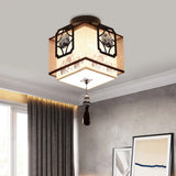 Traditional Black Flush Mount Ceiling Light With Square Fabric Shade