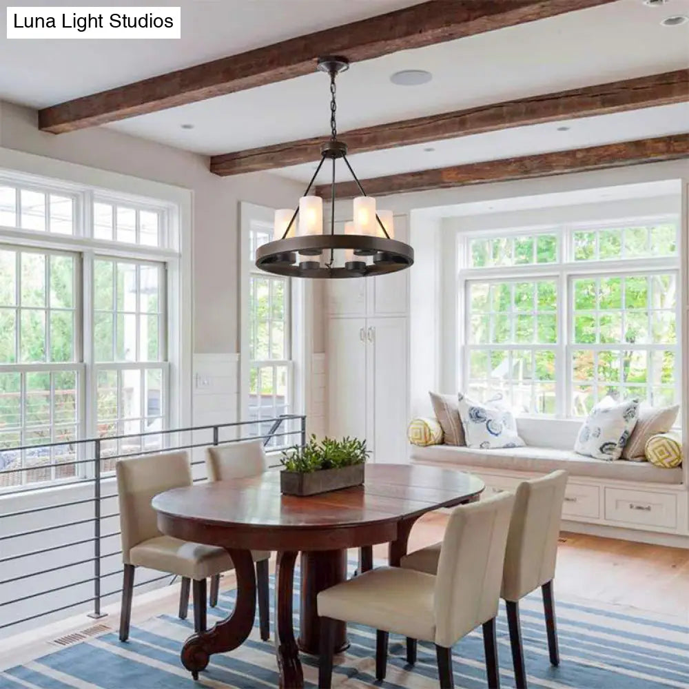 Traditional Black Glass Chandelier - 6 Cylinder Heads Frosted White Suspension Pendant Lamp With