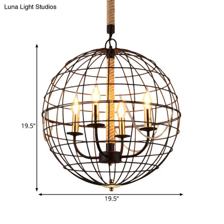 Traditional Black Metal Pendant Chandelier With Globe Cage - 3/4 Lights Ideal For Living Room