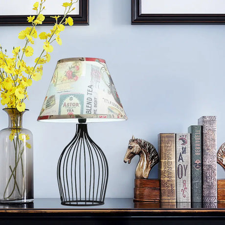 Traditional Black Nightstand Lamp With Metal Wire Cage Base / C