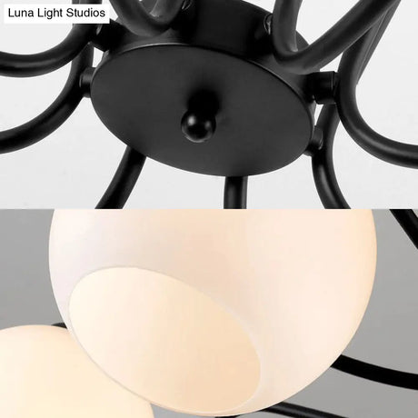 Traditional Black Semi Flush Ceiling Light Fixture With White Glass Shades - 3/6/8 Lights For