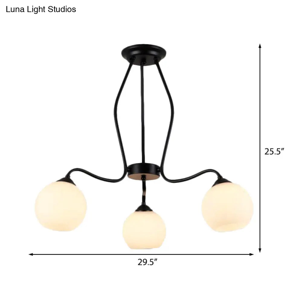 Traditional Black Semi Flush Ceiling Light Fixture With White Glass Shades - 3/6/8 Lights For