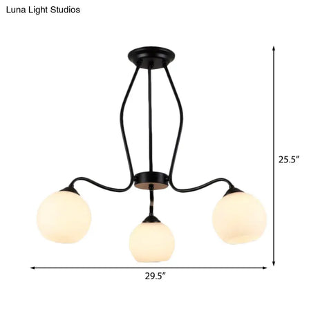 Traditional Black Semi Flush Ceiling Light Fixture With White Glass Shades - 3/6/8 Lights For