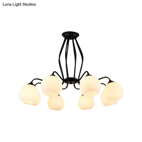 Traditional Black Semi Flush Ceiling Light Fixture With White Glass Shades - 3/6/8 Lights For