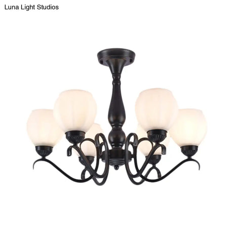 Traditional Black Semi Flush Ceiling Light With White Glass Shades - 3/5/6 Lights