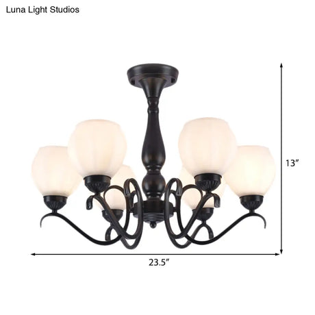 Traditional Black Semi Flush Ceiling Light With White Glass Shades - 3/5/6 Lights