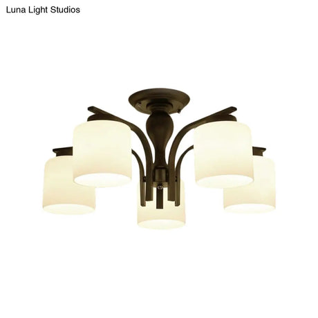 Traditional Black Semi Flush Mount Ceiling Light With Frosted Cylinder Glass Shades - Ideal For