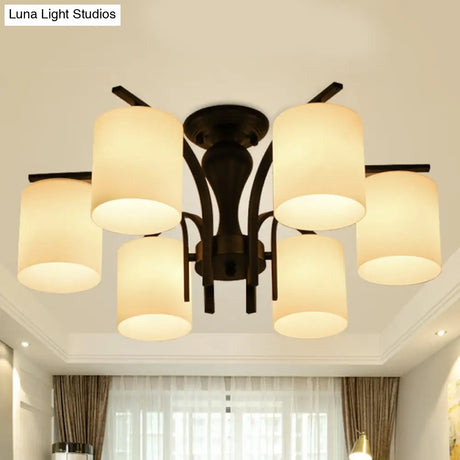 Traditional Black Semi Flush Mount Ceiling Light With Frosted Cylinder Glass Shades - Ideal For