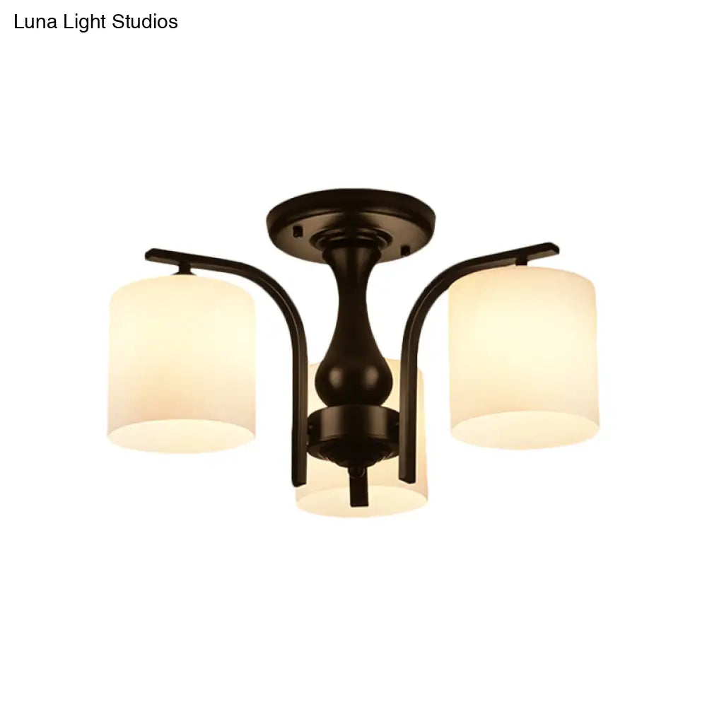 Traditional Black Semi Flush Mount Ceiling Light With Frosted Cylinder Glass Shades - Ideal For
