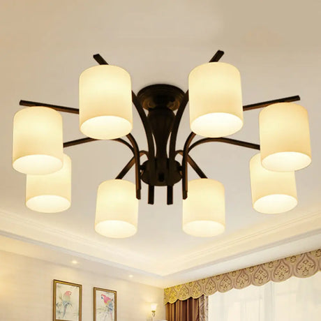 Traditional Black Semi Flush Mount Ceiling Light With Frosted Cylinder Glass Shades - Ideal For