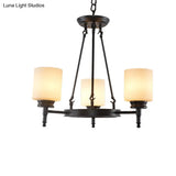 Traditional Black Wheel Chandelier With Frosted Glass Shades - 3/6 Lights Elegant Hanging Ceiling