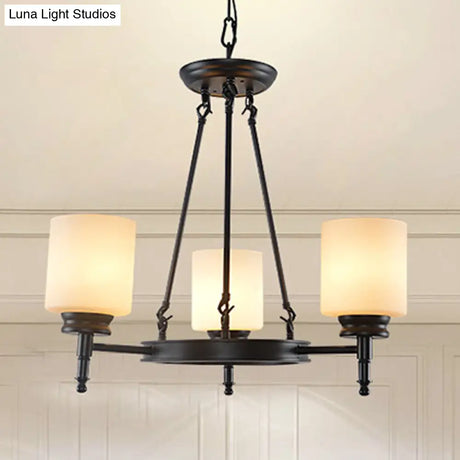 Traditional Black Wheel Chandelier With Frosted Glass Shades - 3/6 Lights Elegant Hanging Ceiling