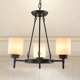 Traditional Black Wheel Chandelier With Frosted Glass Shades - 3/6 Lights Elegant Hanging Ceiling