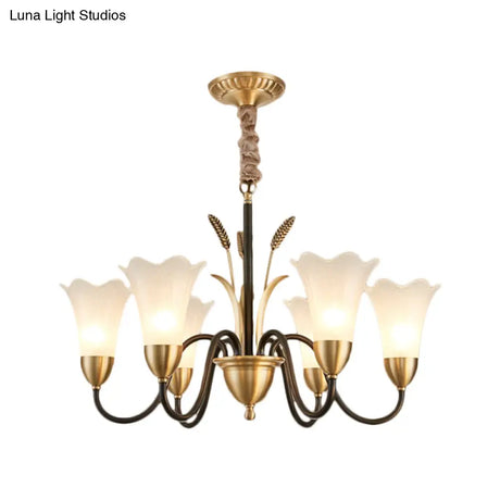 Traditional Blossom Chandelier Lamp - Cream Glass Suspension Lighting Fixture With Curved Arm In
