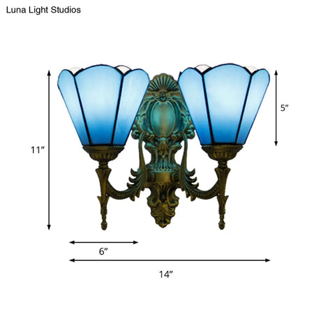 Traditional Blue Glass Cone Wall Sconce: Double Mount Lighting For Dining Room