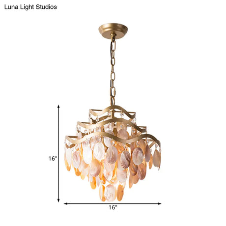 Traditional Brass 3-Tier Flower Ring Chandelier With Seashell Design Pink Shade