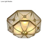 Traditional Brass Flush Mount Ceiling Light Fixture With Frosted Glass Flower Design For Bedroom