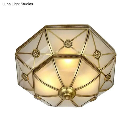 Traditional Brass Flush Mount Ceiling Light Fixture With Frosted Glass Flower Design For Bedroom