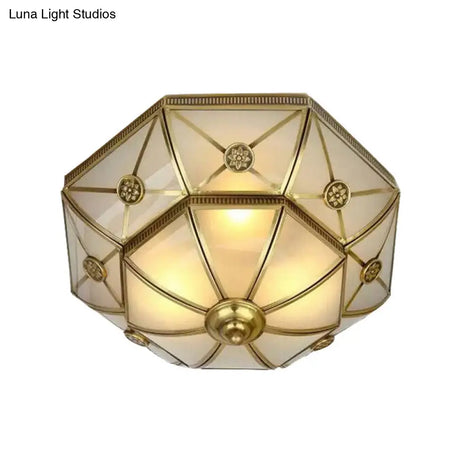 Traditional Brass Flush Mount Ceiling Light Fixture With Frosted Glass Flower Design For Bedroom
