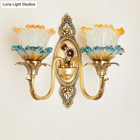 Traditional Brass Frosted Glass Wall Mount Lighting Fixture With Ruffle Detail