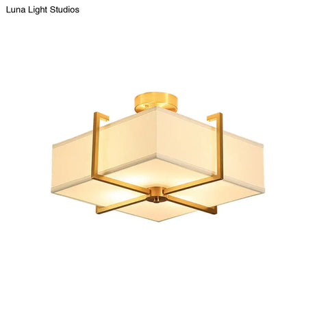 Traditional Brass Semi Flush Ceiling Light Fixture For Living Room With Rectangle Fabric Shade - 4