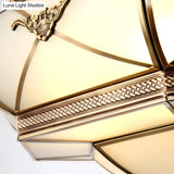 Traditional Brass Semi Flush Mount Ceiling Lamp With Opal Glass Drum – 4 Lights