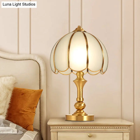 Traditional Brass Table Lamp With Scalloped Dome White Glass Shade