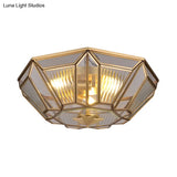 Traditional Brass Tapered Flush Mount Ceiling Light Fixture With 4 Bulbs And Ribbed Glass For
