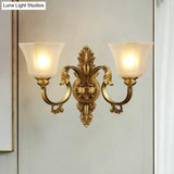 Traditional Bronze 2-Bulb Wall Sconce With Curved Arm And Bell White Glass Shade