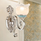 Traditional Cream Glass Blossom Wall Sconce Light With Scrolled Arm - Silver 1/2-Head Lighting 1 /
