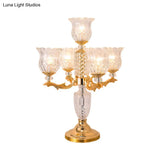 Traditional Crystal Beads Gold Candelabra Nightstand Lamp With Clear Flower Shade - 5 Heads Bedroom