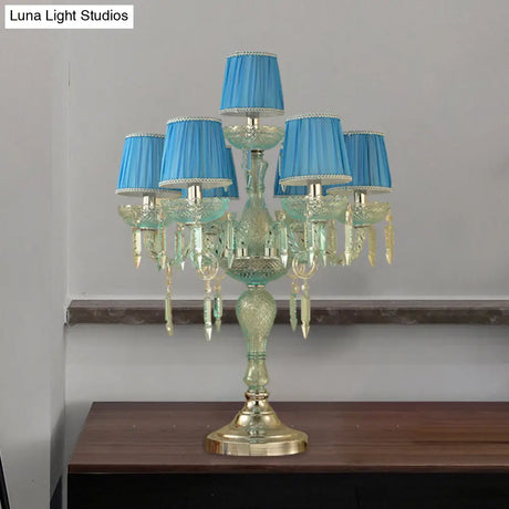 Traditional Crystal Blue Nightstand Lamp With Fabric Shade - Sleep In Style 5/6/7 Bulb Candlestick