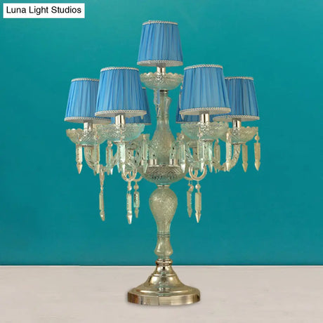 Traditional Crystal Blue Nightstand Lamp With Fabric Shade - Sleep In Style 5/6/7 Bulb Candlestick