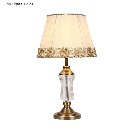 Traditional Crystal Conical Nightstand Lamp With Braided Trim - White