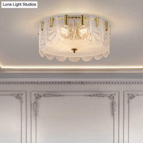 Traditional Drum Flushmount Prism Glass 6-Light Bedroom Ceiling Fixture In Brass