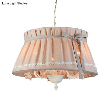 Traditional Fabric Drum Pendant Chandelier - Beige Hanging Light Fixture For Dining Room (4 Lights)
