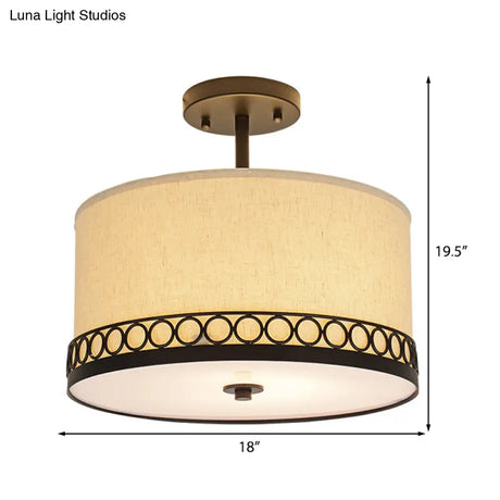 Traditional Fabric Drum Semi-Mount Ceiling Lamp - White 5 Lights For Living Room
