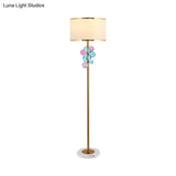 Traditional Fabric Round Shade Floor Standing Lamp With Crystal Orbs - Multicolor/Clear
