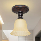 Traditional Flared Foyer Semi Flush Mount With Ribbed Frosted Glass – 1 Light Black Flushmount