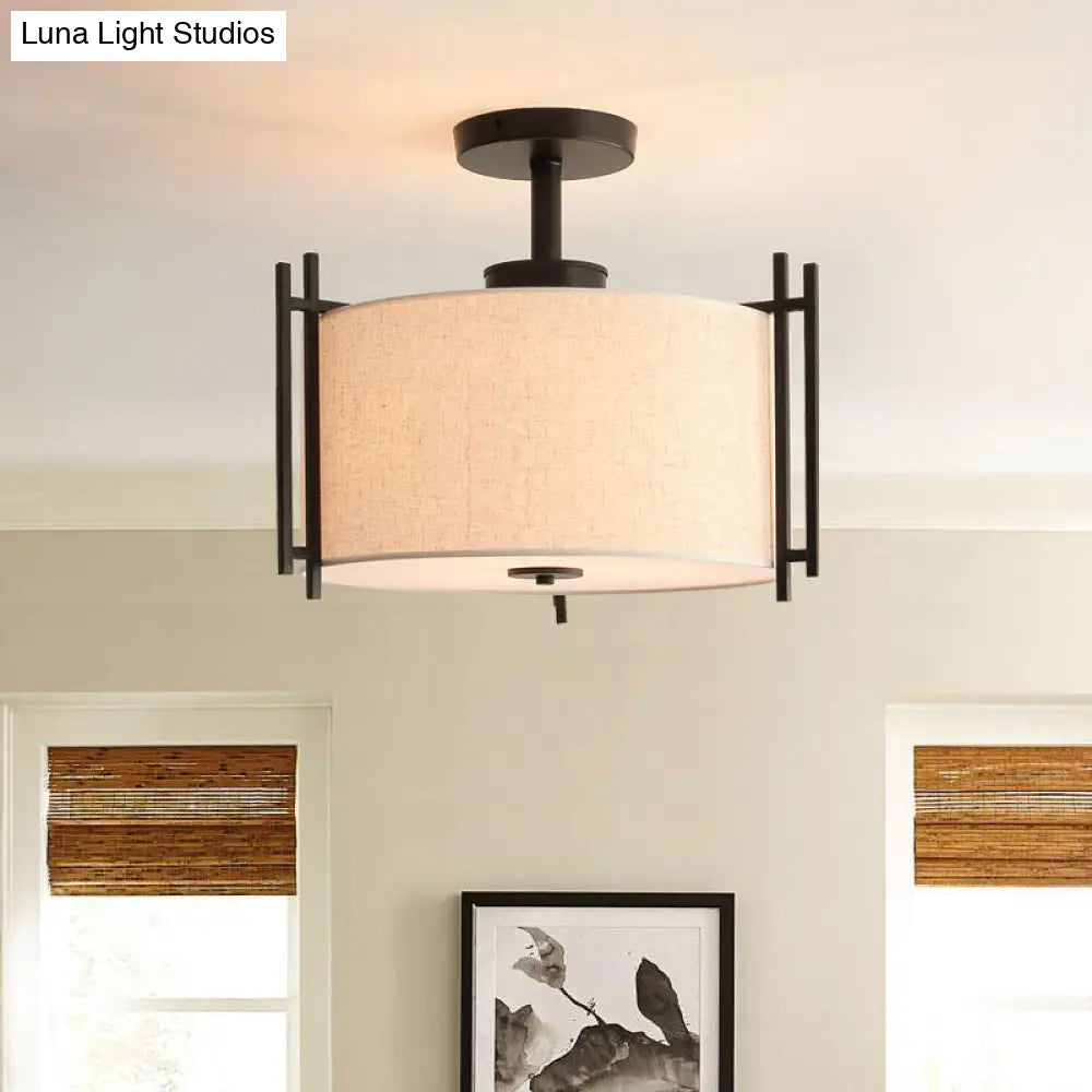 Traditional Flaxen Fabric Drum Ceiling Mount Light For Living Room