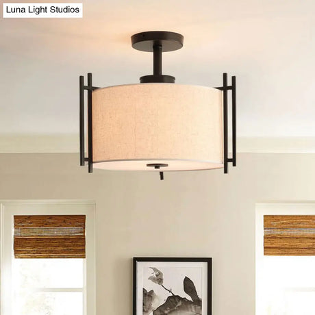 Traditional Flaxen Fabric Drum Ceiling Mount Light For Living Room