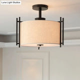 Traditional Flaxen Fabric Drum Ceiling Mount Light For Living Room
