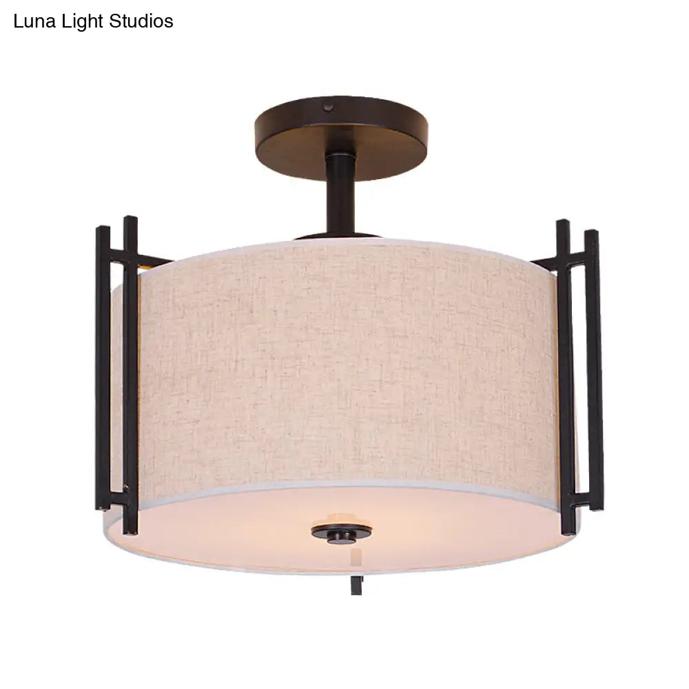 Traditional Flaxen Fabric Drum Ceiling Mount Light For Living Room