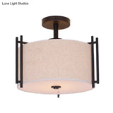 Traditional Flaxen Fabric Drum Ceiling Mount Light For Living Room